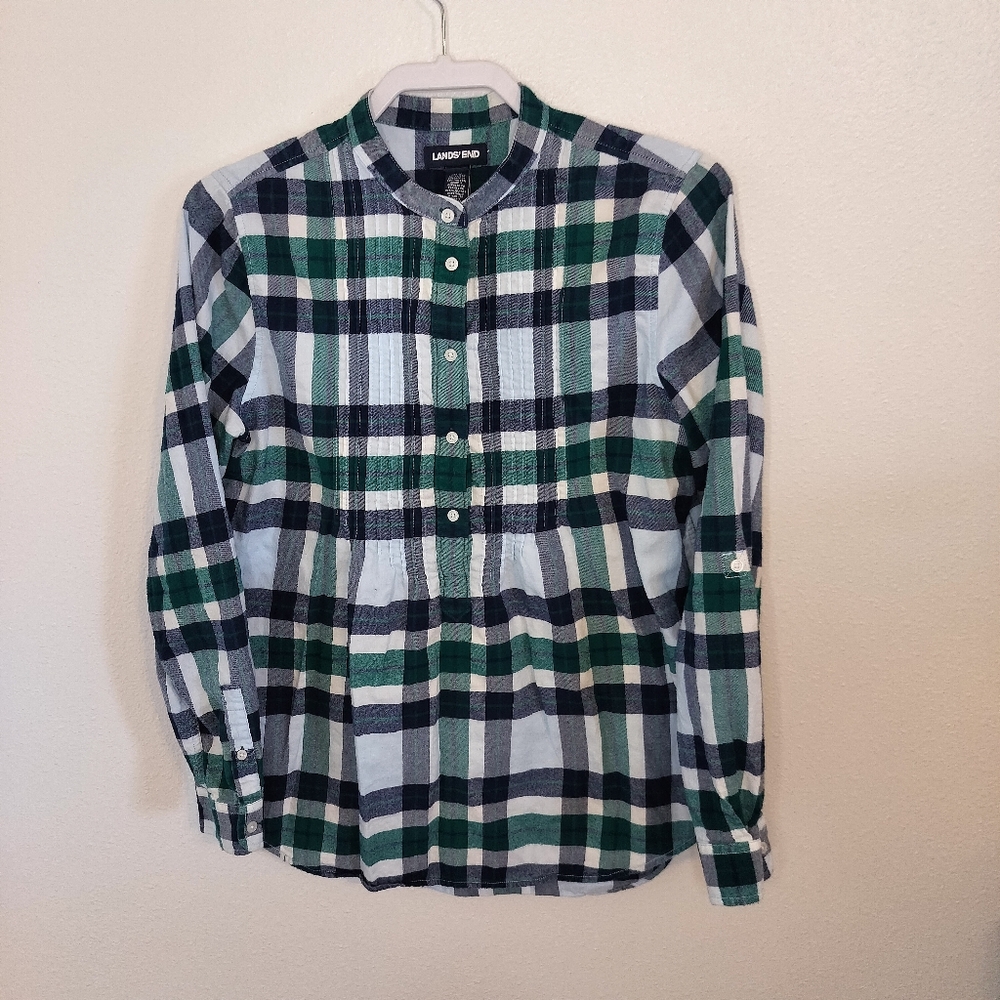 Lands‎ End Woman's Popover Tunic Sz 10 Blue Plaid Cottagecore Grunge 90s